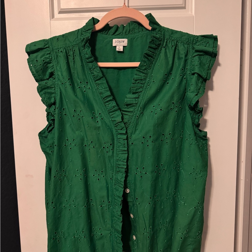 J. Crew Green Eyelet Ruffle Sleeve Button-Up Top